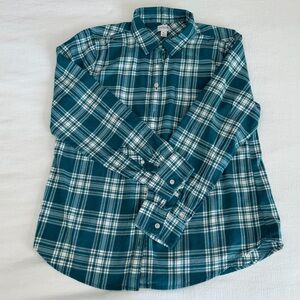 J Crew Womens Petite PL Teal/Ivory Plaid Flannel Shirt Button Up Long Sleeve EUC